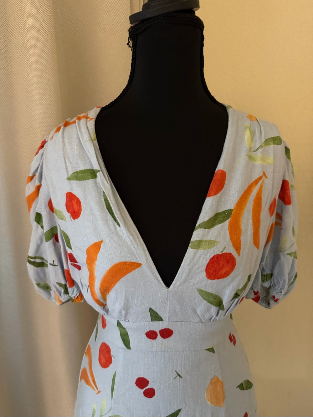 Finders Keepers Calypso Fruit Print Puff Sleeve Mini Dress Blue XS - Picture 4 of 10